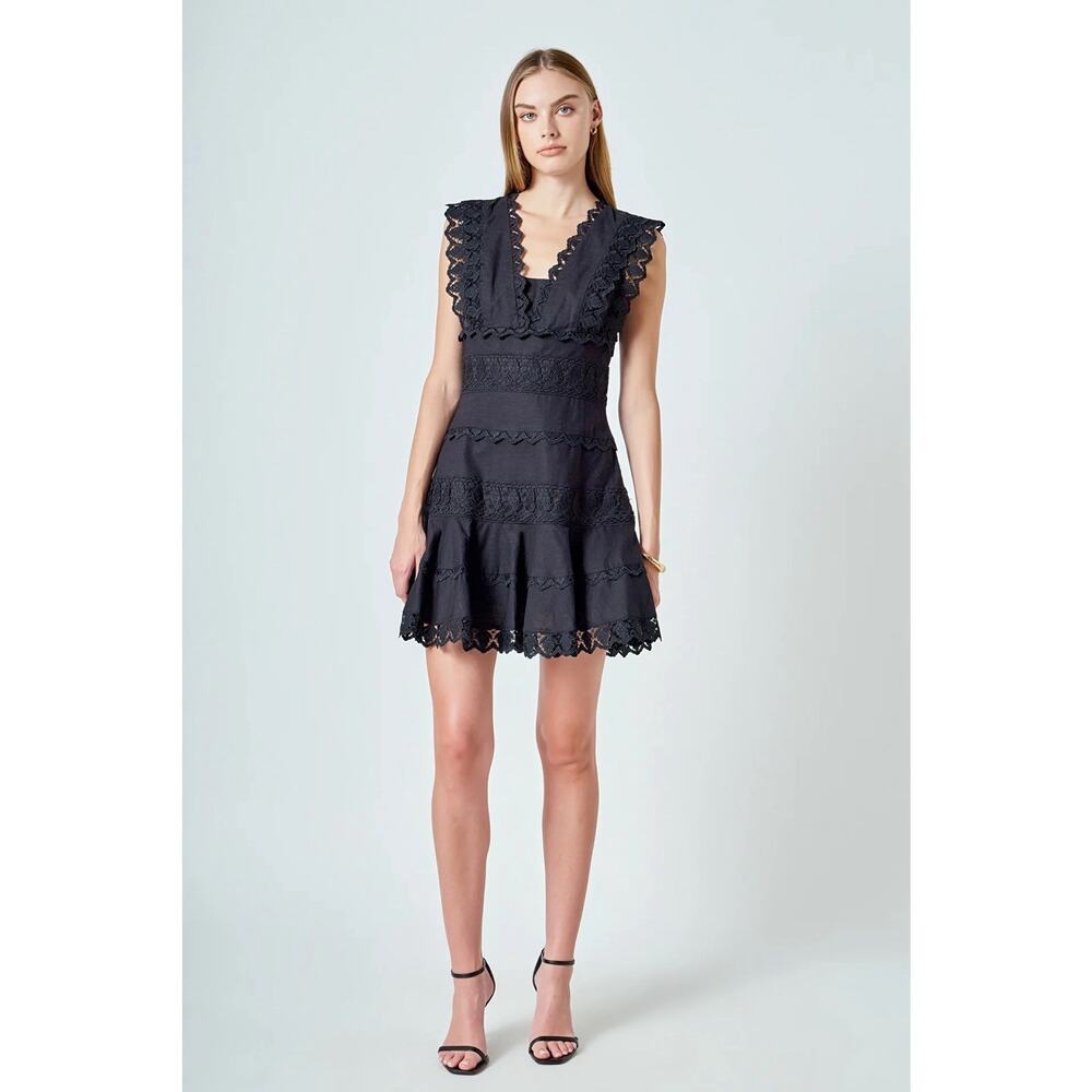 Endless Rose Plunging V-Neck Lace Trim Tiered Mini Dress Sage Green S Boho Fairy - Picture 13 of 13